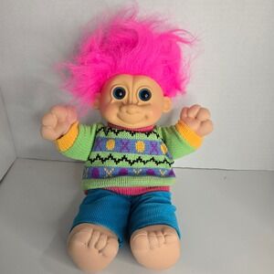 Vintage Russ Trolls Doll Plush Stuffed Animal Bennie Green Sweater 12" Pink Hair